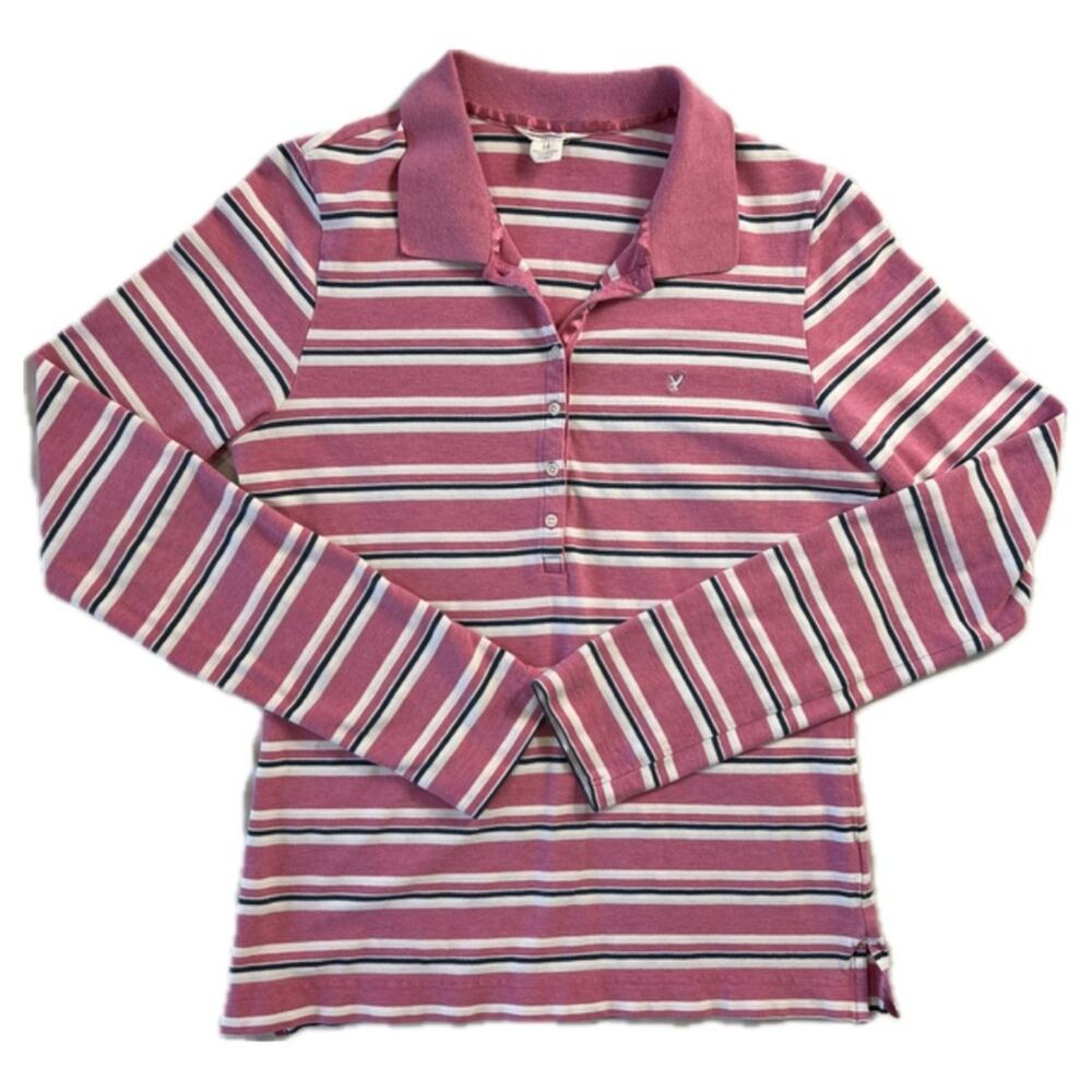 American Eagle Pink Stripe Long Sleeve Polo Shirt Stretch Y2K L Vintage - Picture 7 of 7